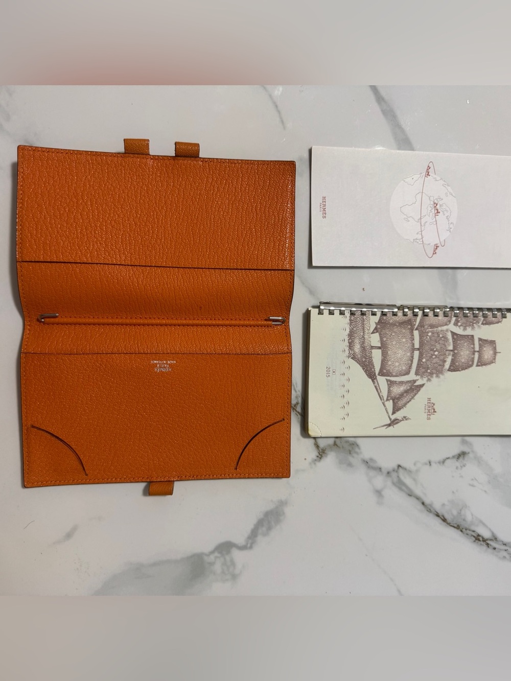 Hermès Orange Leather Organizer Day Planner Cover with Insert Booklet .